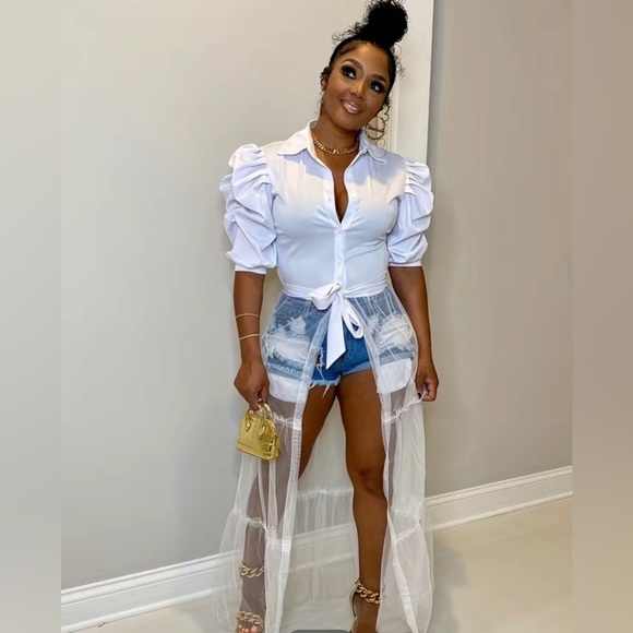 Sexy Short Sleeve Turn Down Collar Tie Mesh Dress - Picture 1 of 13